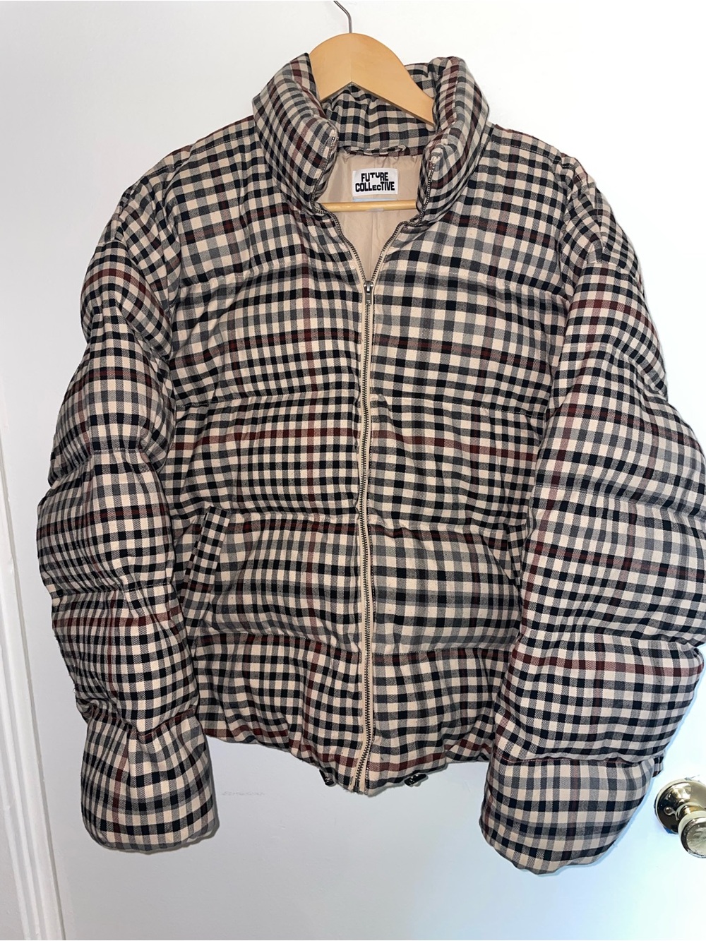 Future Collective Plaid Puffer Jacket in Cream and Black